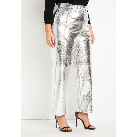 Eloquii Pants Size 18 High Rise Croc Faux Leather Cargo Metallic Silver NEW NWT - Picture 1 of 12